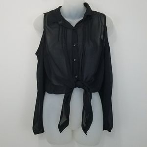 Sheer cold shoulder button down tie front